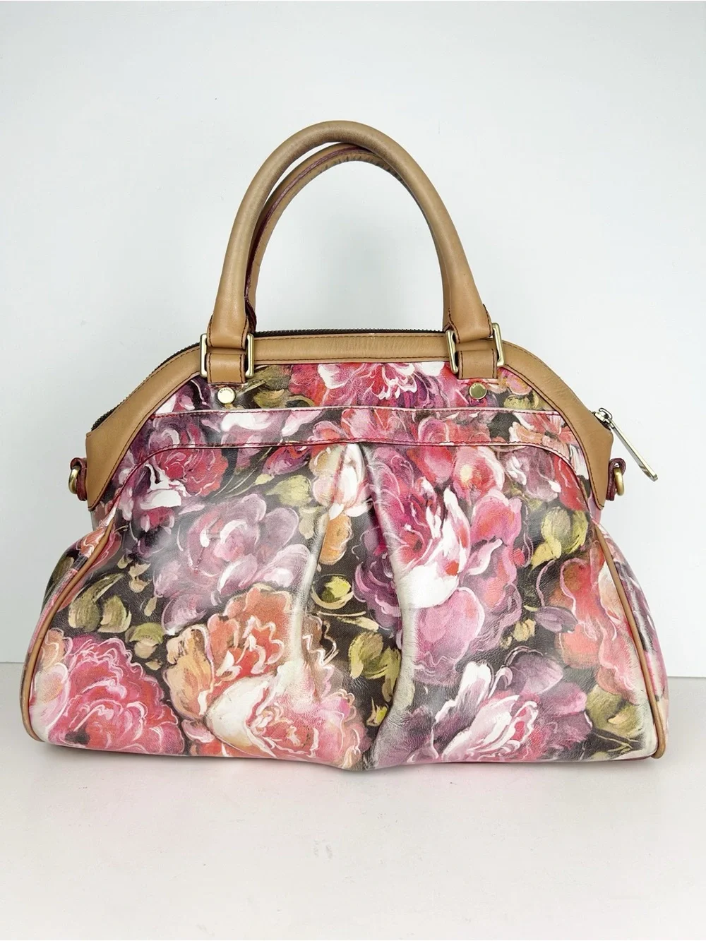 Brahmin Louise Rose Floral Hemmingway Leather Satchel Bag Purse